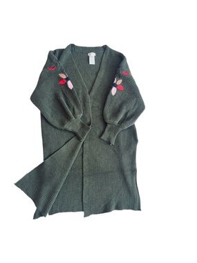 #84 LILY SKY ~ Green 3/4 Sleeve Long Cardigan Sweater Embroidered Floral Accents